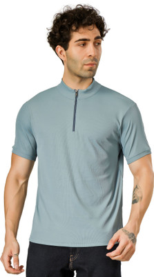 BlueFicus Solid Men Mandarin Collar Grey T-Shirt