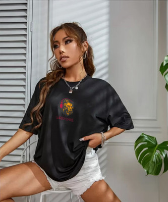 Leotude Printed Women Round Neck Black T-Shirt