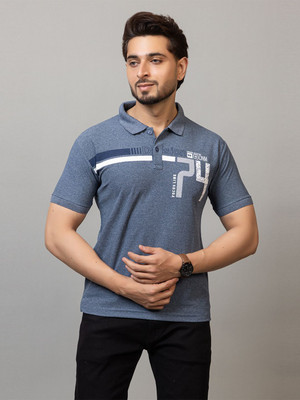 RosyRains Printed Men Polo Neck Blue T-Shirt