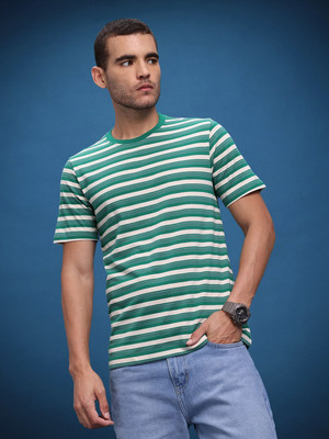Roadster Striped Men Round Neck Green T-Shirt