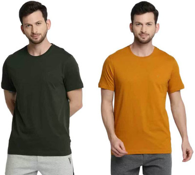 VAN HEUSEN Solid Men Round Neck Yellow, Dark Green T-Shirt