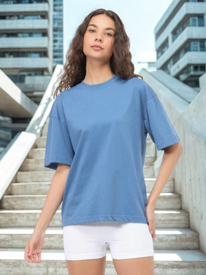 NOBERO Solid Women Round Neck Blue T-Shirt