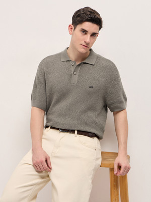 THE BEAR HOUSE Self Design Men Polo Neck Brown T-Shirt