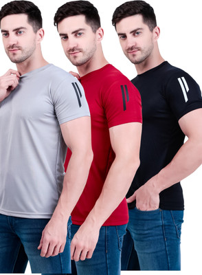 OCTOVEEJ Solid Men Round Neck Black, Maroon, Grey T-Shirt
