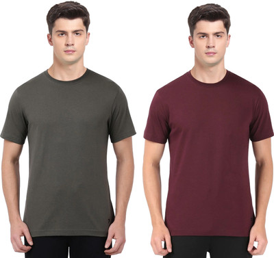 JOCKEY Solid Men Round Neck Dark Green, Maroon T-Shirt