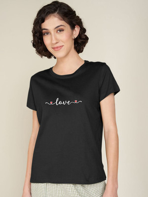 Stylimo Typography Women Round Neck Black T-Shirt
