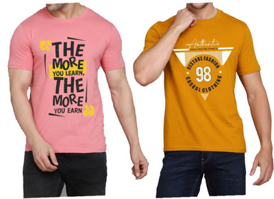 WOOSTRO Printed Men Round Neck Pink, Yellow T-Shirt