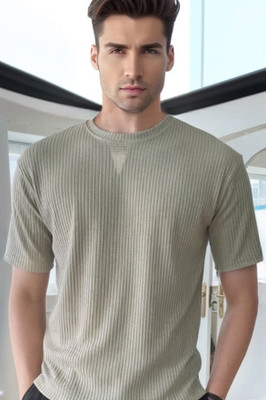 Elibolz Striped Men Round Neck Green T-Shirt