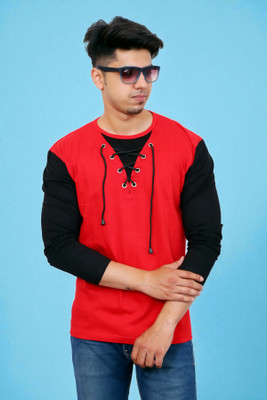 Faricon Trend Colorblock Men Round Neck Red T-Shirt