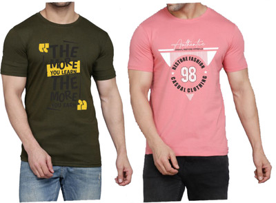 WOOSTRO Printed Men Round Neck Dark Green, Pink T-Shirt