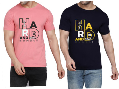 WOOSTRO Printed Men Round Neck Pink, Dark Blue T-Shirt