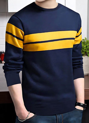 FAOES Striped Men Round Neck Navy Blue T-Shirt