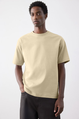 Q-CUT Solid Men Round Neck Beige T-Shirt