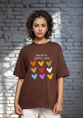 SLENOR Graphic Print Women Round Neck Brown T-Shirt
