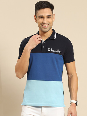 United Colors of Benetton Colorblock Men Polo Neck Navy Blue T-Shirt