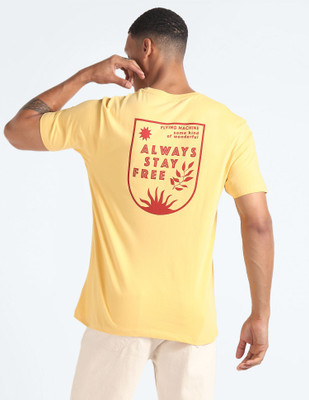 FLYING MACHINE Printed, Typography Men Round Neck Yellow T-Shirt