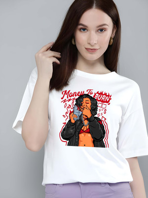 Kaido Printed Women Round Neck White T-Shirt