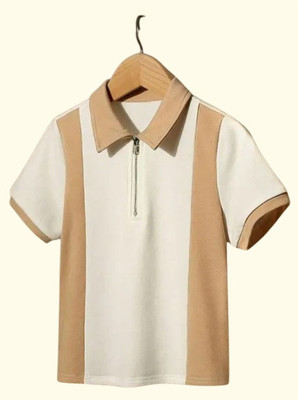 TELOXY Striped Men Zip Neck Beige, White T-Shirt