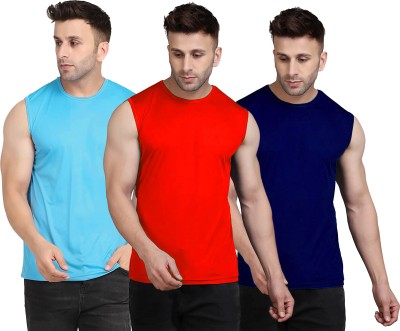 UDI n ADI Solid Men Round Neck Light Blue, Dark Blue, Red T-Shirt