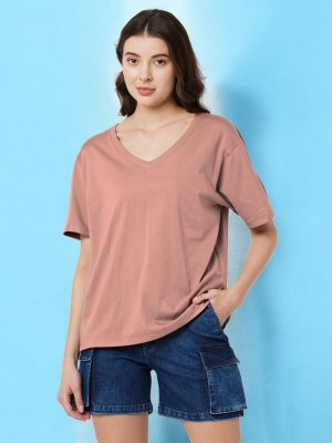 GUTI Solid Women V Neck Pink T-Shirt