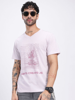 Glitchez Printed Men V Neck Purple T-Shirt
