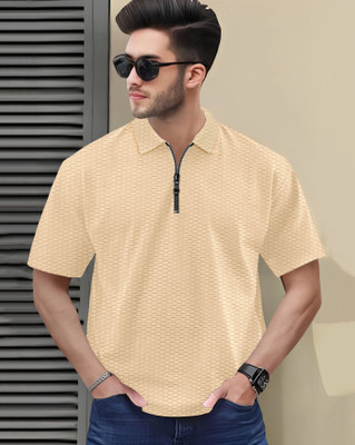 AUSK Checkered Men Polo Neck Beige T-Shirt