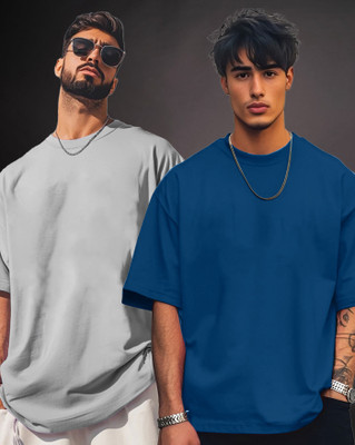 AOOSH Solid Men Round Neck Dark Blue, Grey T-Shirt