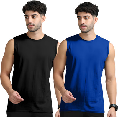 Adorbs Solid Men Round Neck Black, Dark Blue T-Shirt