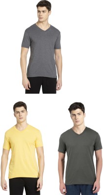 JOCKEY Solid Men V Neck Grey, Yellow, Dark Green T-Shirt