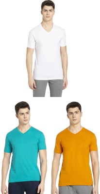 JOCKEY Solid Men V Neck Light Green, Yellow, White T-Shirt