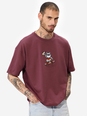 The Souled Store Embroidered Men Round Neck Maroon T-Shirt