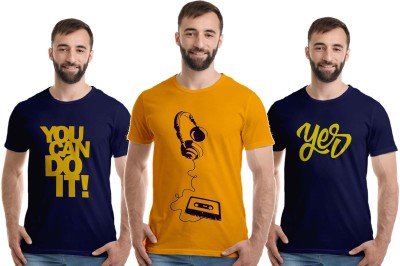 Boodbuck Graphic Print Men Round Neck Dark Blue, Gold T-Shirt