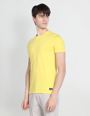 FLYING MACHINE Solid Men Round Neck Yellow T-Shirt