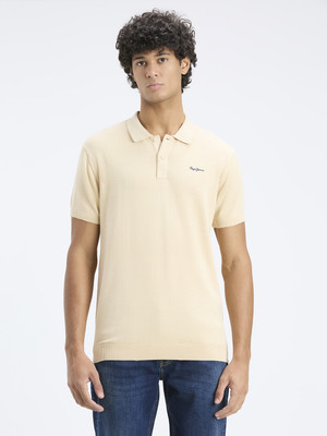 Pepe Jeans Self Design, Solid Men Polo Neck Beige T-Shirt