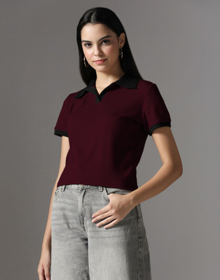 Selvia Solid Women Stylised Neck Maroon T-Shirt