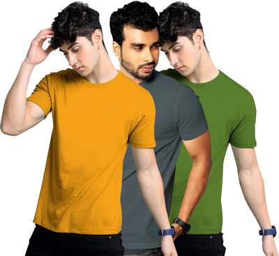 FADMARK Solid Men Round Neck Grey, Green, Brown T-Shirt