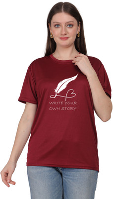 Dazzle Printed Women Round Neck Maroon, White T-Shirt