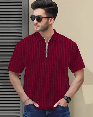 AOOSH Self Design Men Polo Neck Maroon T-Shirt