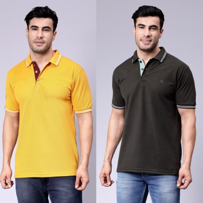 We Perfect Solid Men Polo Neck Yellow, Black T-Shirt