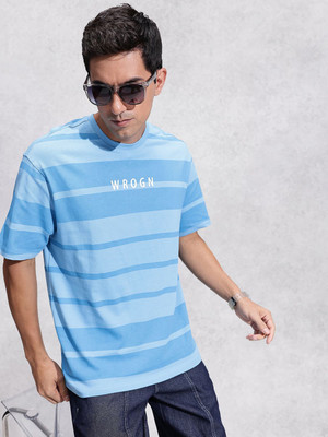 WROGN Striped Men Round Neck Blue T-Shirt