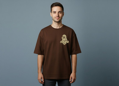 AmbroHub Embroidered Men Round Neck Brown T-Shirt