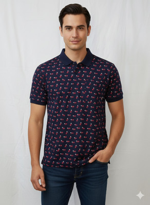 valicagarments Printed, Conversational Men Polo Neck Dark Blue T-Shirt