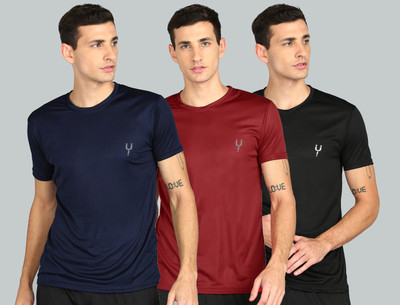 Fricker Solid Men Round Neck Navy Blue, Maroon, Black T-Shirt
