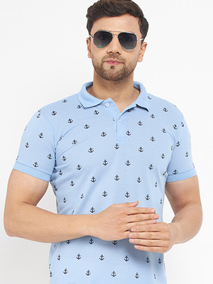 The Million Club Printed Men Polo Neck Blue T-Shirt