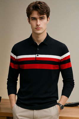 Autna Striped Men Polo Neck Black T-Shirt