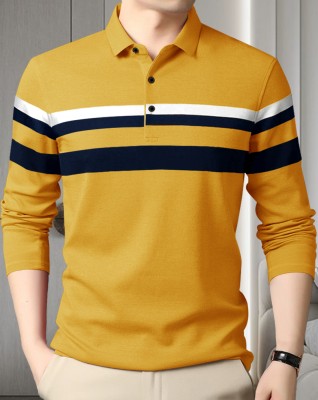 EyeBogler Striped Men Polo Neck Yellow T-Shirt