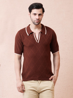 NOQUO Self Design Men V Neck Brown T-Shirt