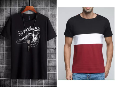 Pachirisu Printed Men Round Neck Black, Maroon T-Shirt