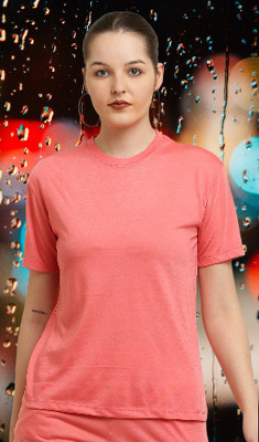 CANIDAE Solid Women Round Neck Pink T-Shirt