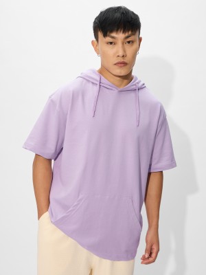 The Souled Store Solid Men Hooded Neck Purple T-Shirt